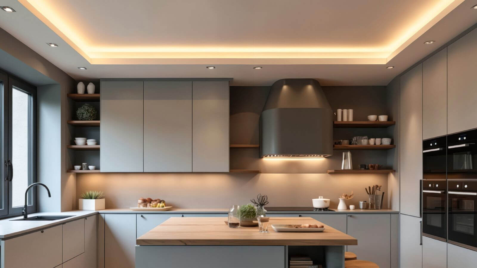 Das Bild zeigt eine moderne Küche mit großen Fenstern, hellgrauen Schränken, offenen Regalen, einer Kochinsel und indirekter Beleuchtung an der Decke.