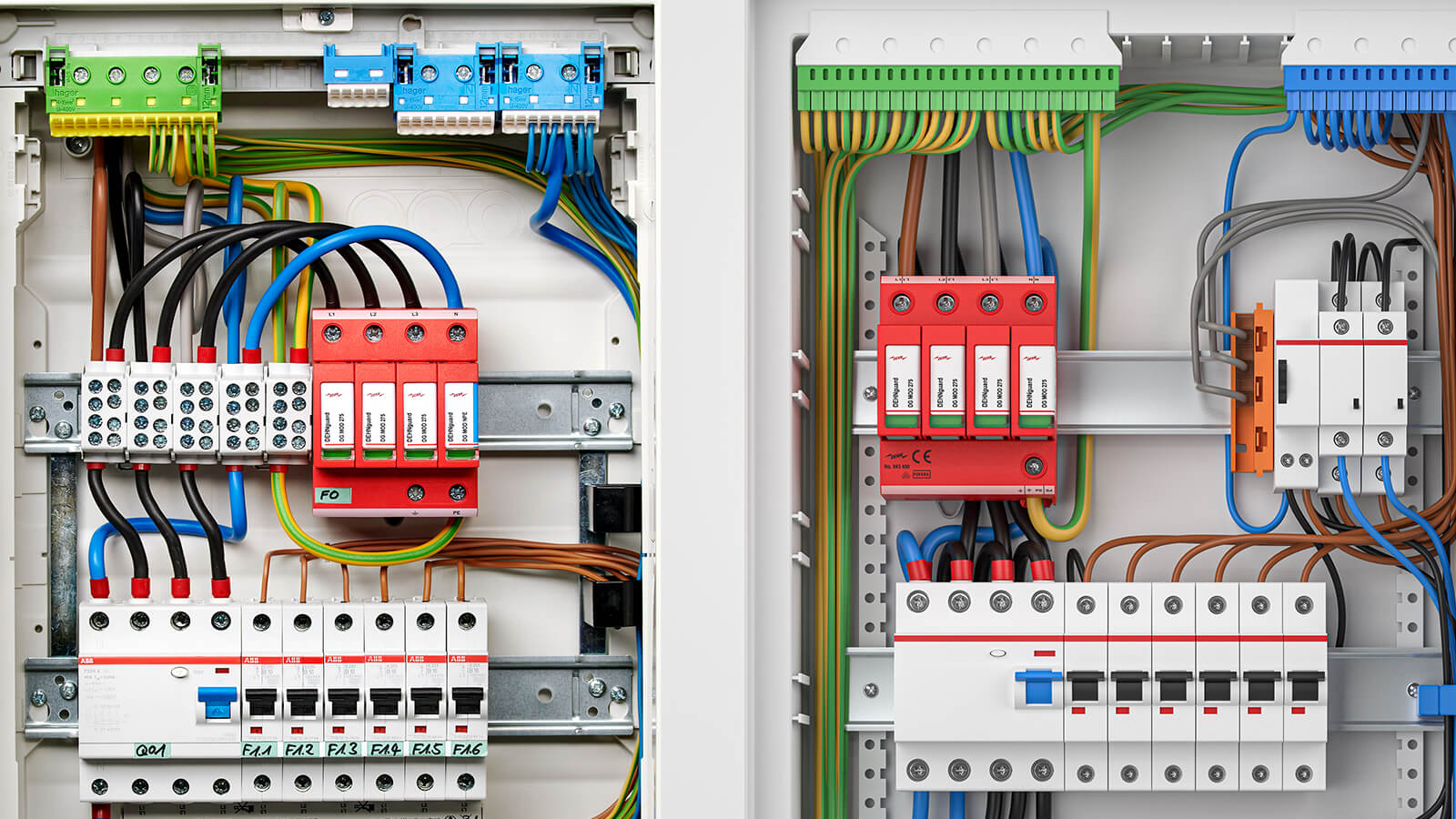 Das Bild zeigt einen Vergleich zweier verdrahteter Schaltschrank-Installationen mit farbigen Leitungen und Überspannungsschutzmodulen.