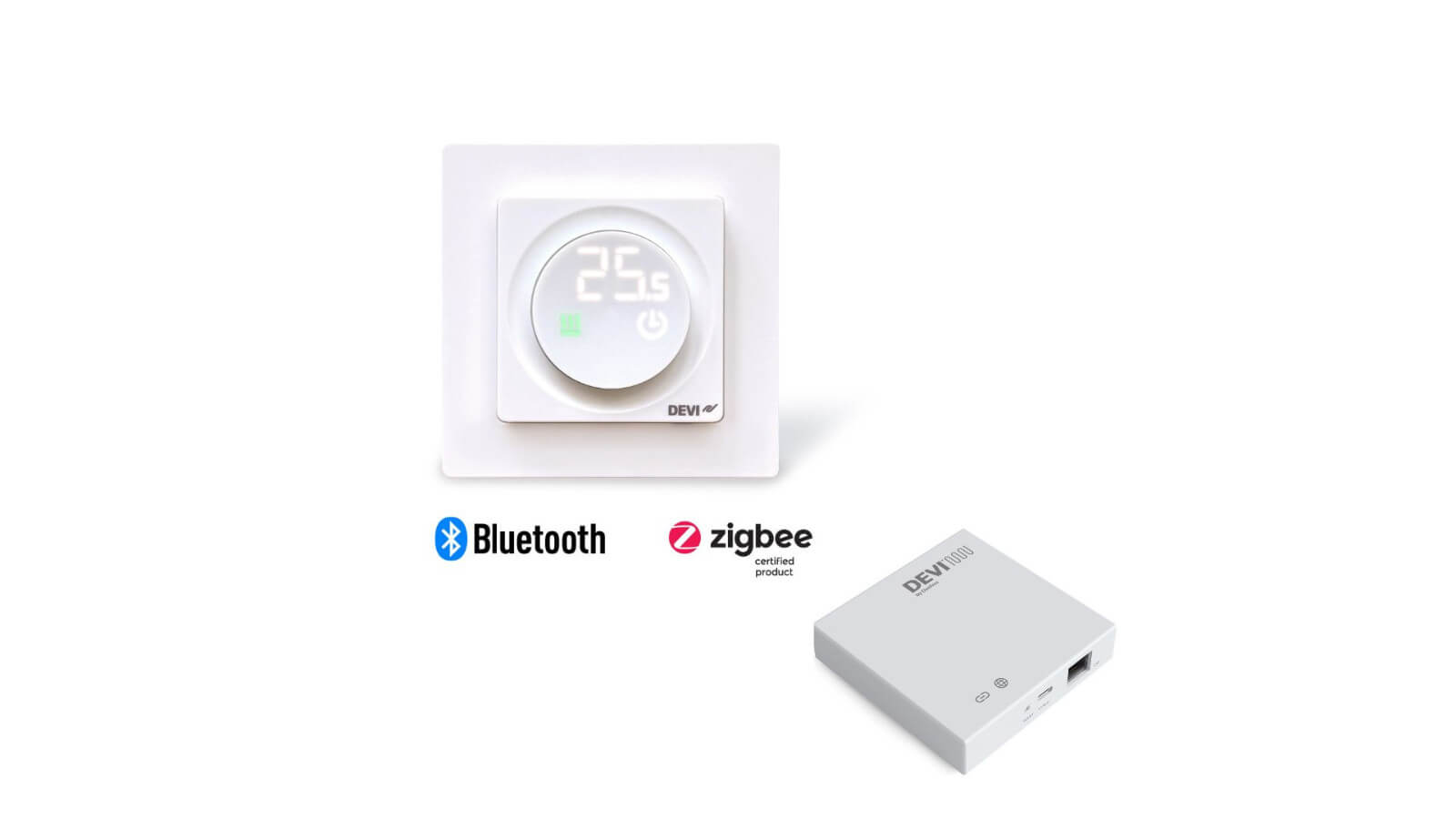 Das Bild zeigt ein digitales Thermostat der Marke DEVI mit der Anzeige "25.5", ein dazugehöriges Steuergerät sowie die Logos für Bluetooth und Zigbee.