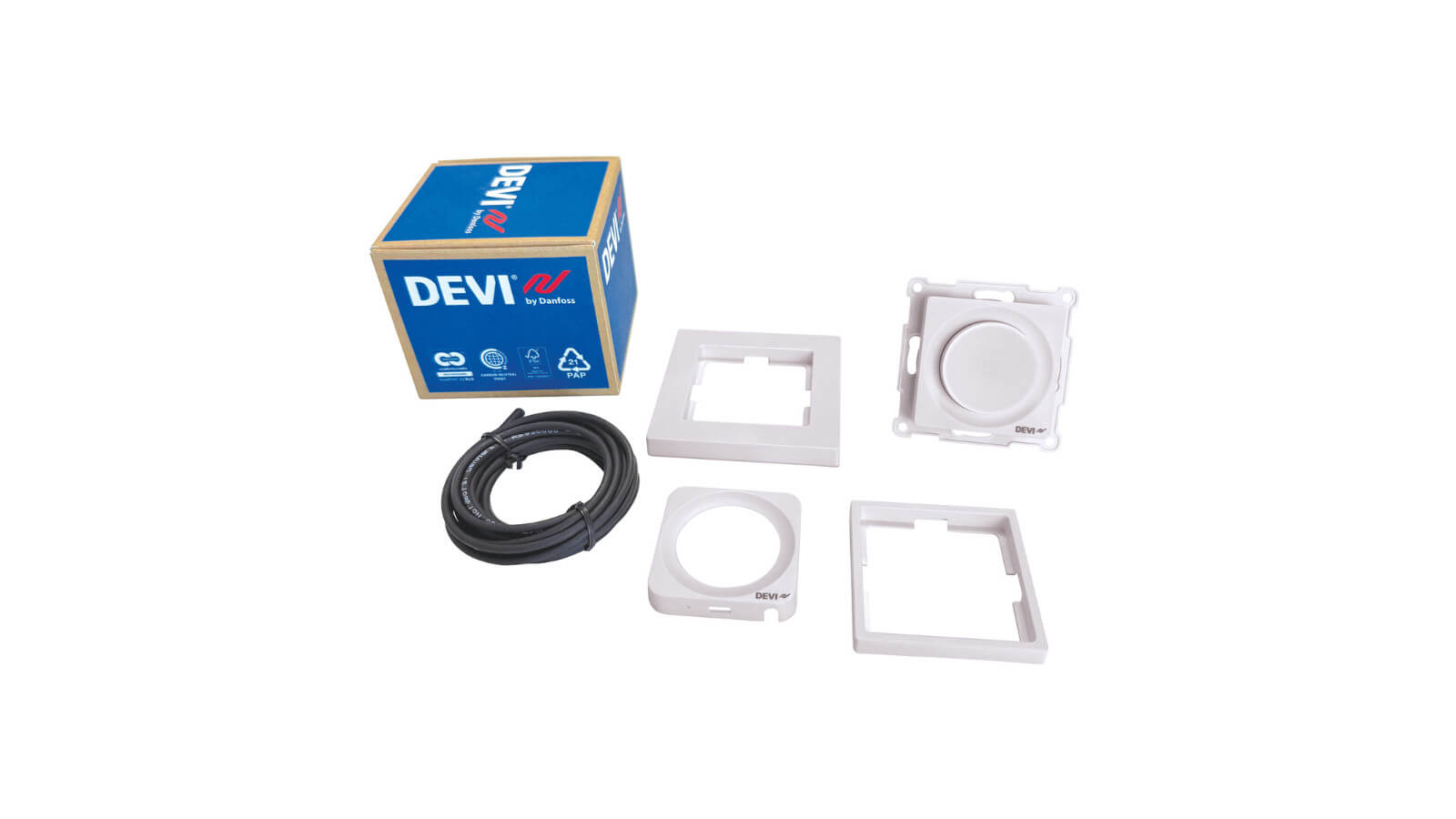 Zu sehen ist ein DEVI-by-Danfoss-Set mit Heizkabel, Rahmen und Abdeckungen auf weißem Hintergrund. Die Einzelteile sind als Produktkomponenten übersichtlich angeordnet.