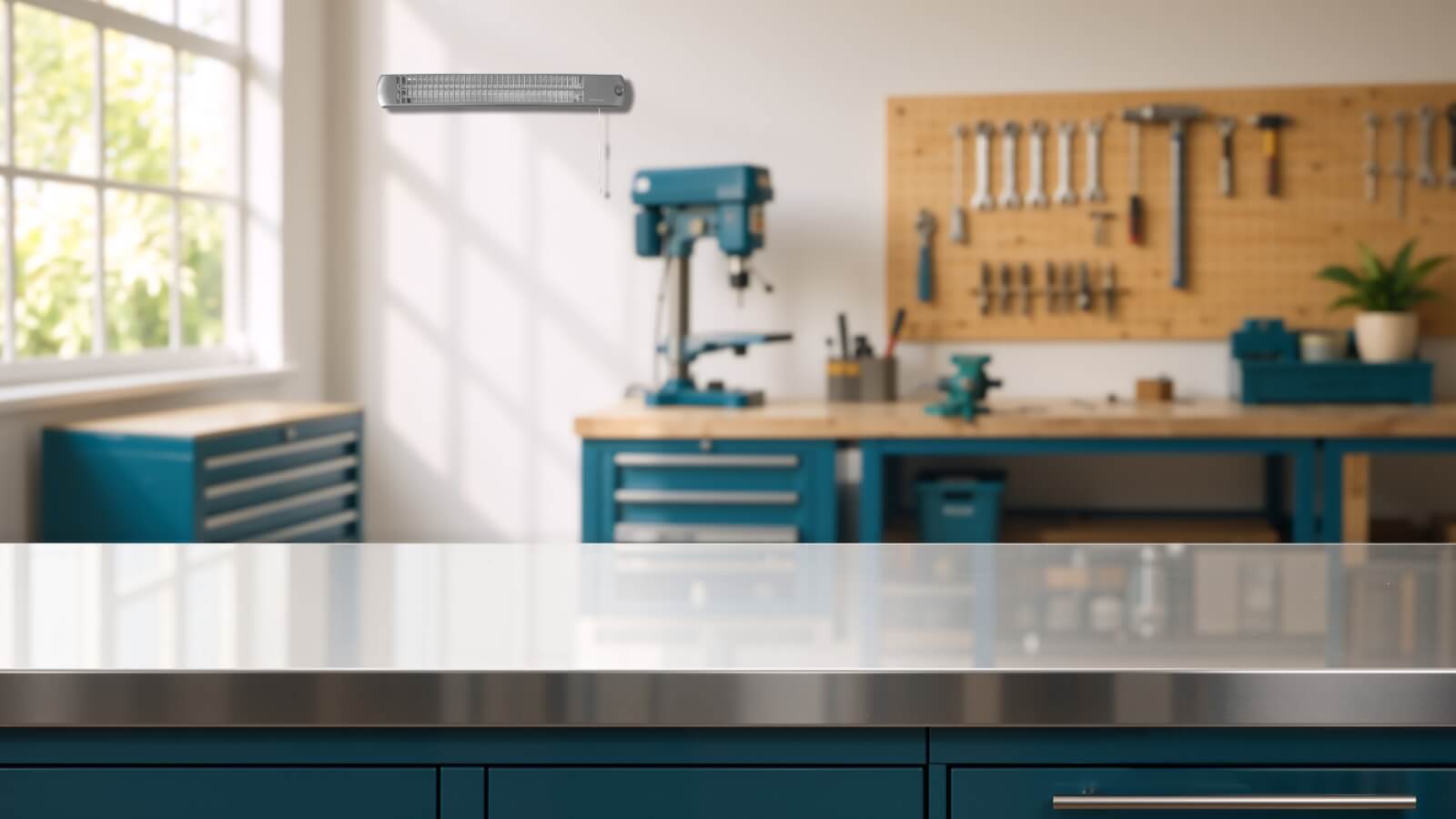 Werkstatt mit Werkbank, Werkzeugwand und Standbohrmaschine. An der Wand ist ein länglicher Infrarotstrahler mit Zugschalter montiert, im Vordergrund befindet sich eine Arbeitsfläche.