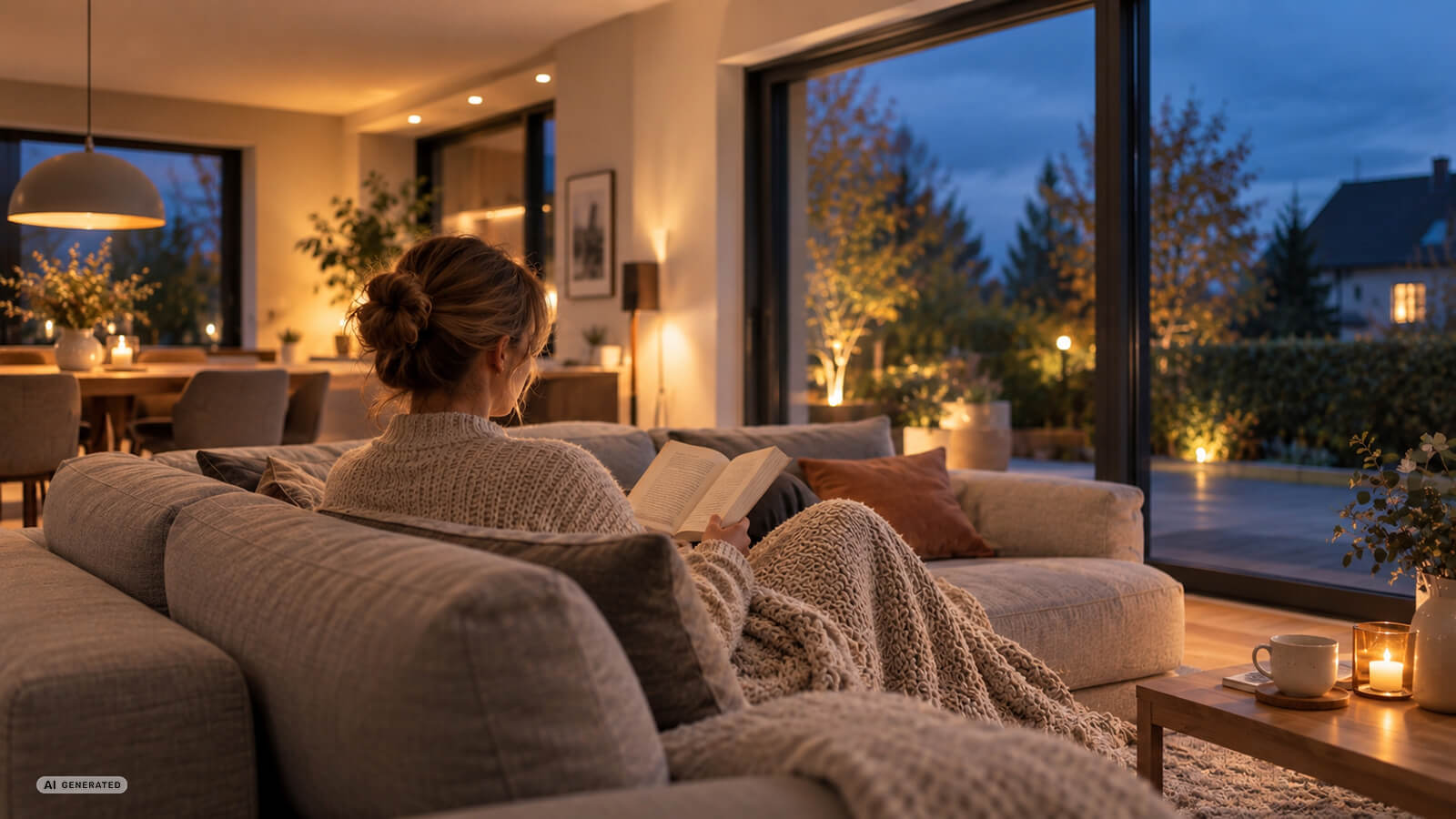 Eine Person sitzt auf einem Sofa und hält ein aufgeschlagenes Buch. Der Wohnraum ist mit Sofas, Esstisch, Leuchten und großen Fensterflächen ausgestattet, durch die ein Gartenbereich zu sehen ist.