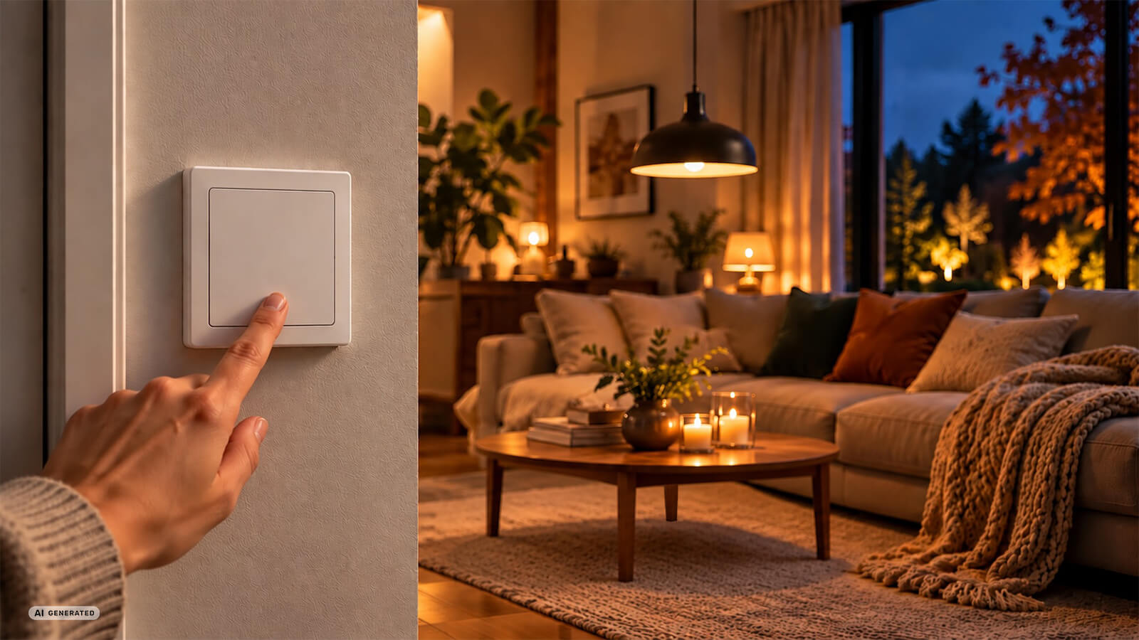 Eine Hand berührt einen Lichtschalter an einer Wand. Im Hintergrund befindet sich ein Wohnzimmer mit Sofa, Couchtisch, Pflanzen und mehreren Leuchten.