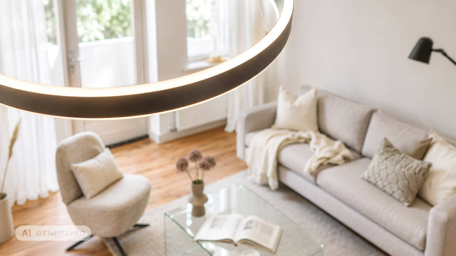 Nahaufnahme einer ringförmigen Pendelleuchte mit umlaufender Lichtfläche. Im Hintergrund ist ein Wohnraum mit Sofa, Sessel und Glastisch zu sehen.