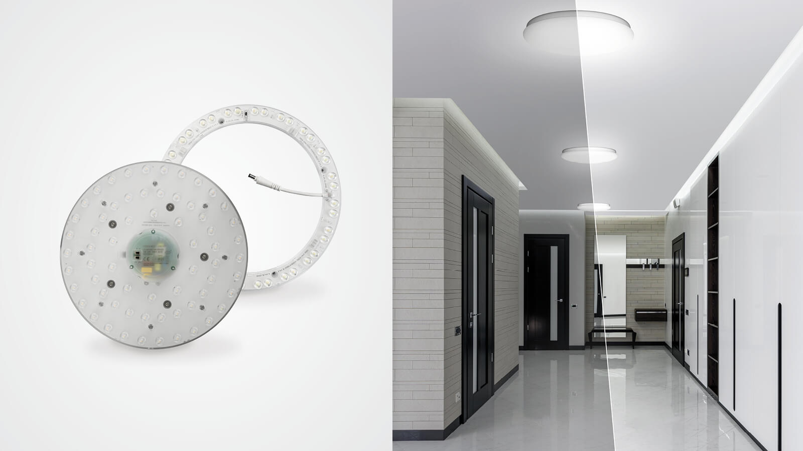 Das Bild zeigt links LED-Module für Deckenleuchten und rechts einen modernen Flur mit runden LED-Deckenleuchten, die unterschiedliche Lichtfarben darstellen.