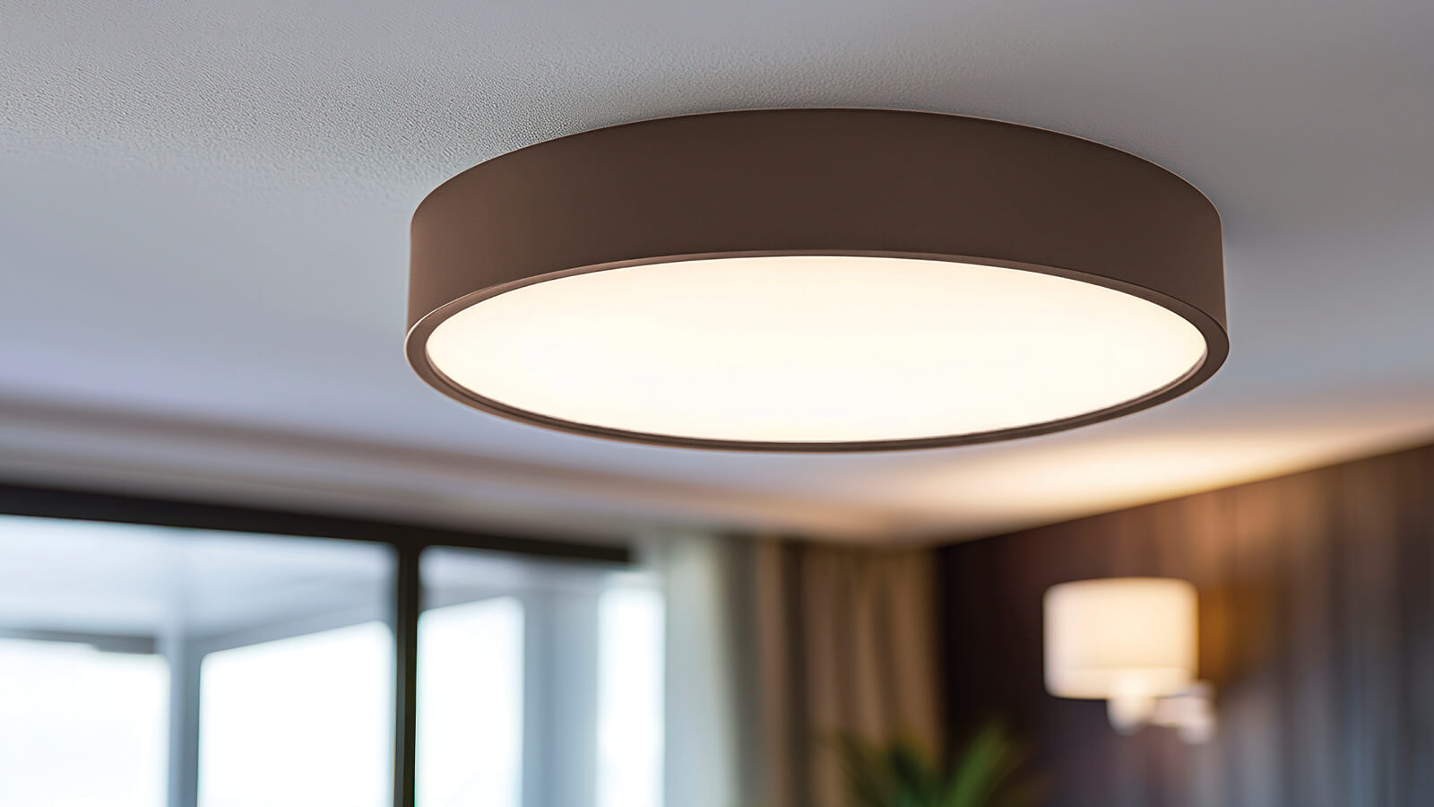 Das Bild zeigt eine moderne, runde Deckenleuchte mit warmweißem Licht in einem Wohnraum.