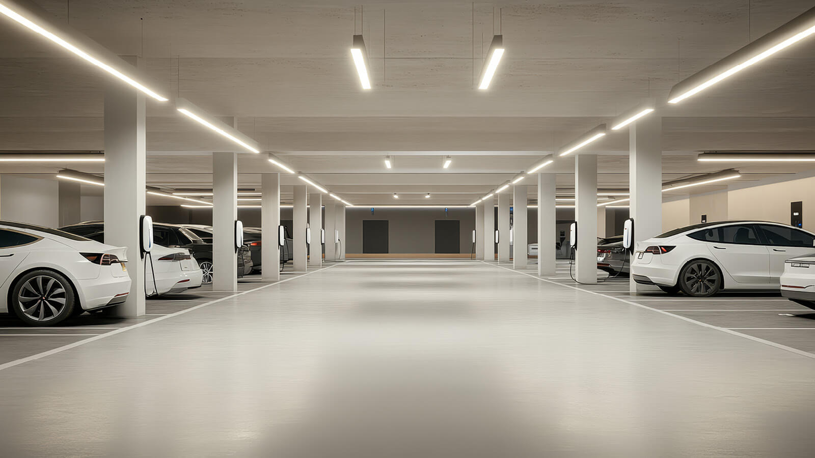 Das Bild zeigt ein modernes, helles Parkhaus mit mehreren Elektroautos an Ladestationen.