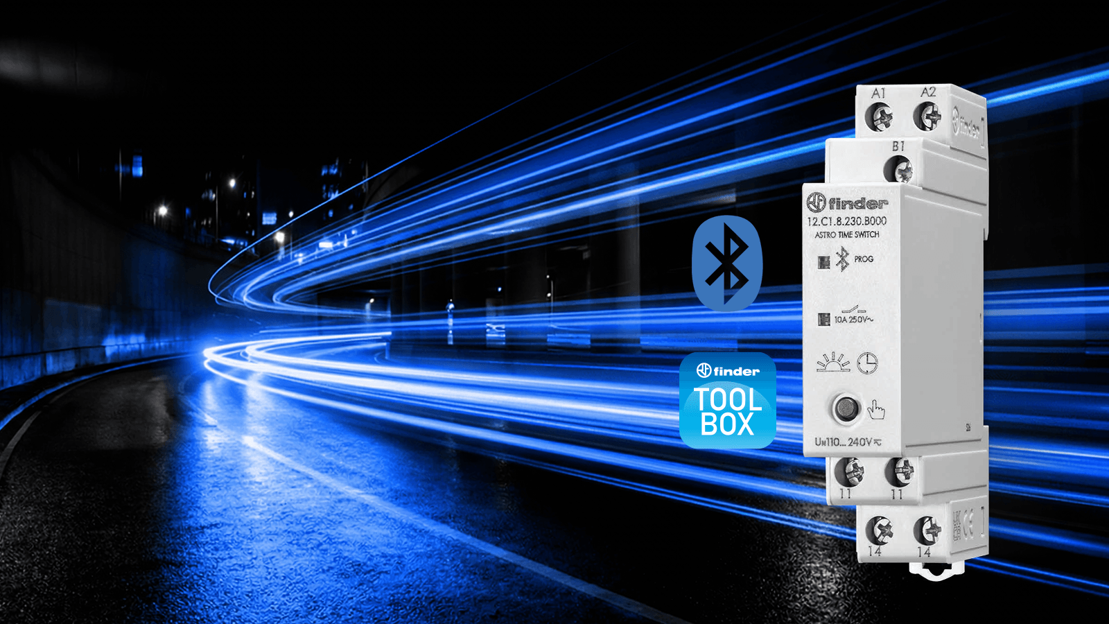 Elektronisches Schaltgerät vor einem dunklen Hintergrund mit blauen Lichtspuren. Neben dem Gerät sind ein Bluetooth-Symbol sowie das Logo „Finder Toolbox“ dargestellt.