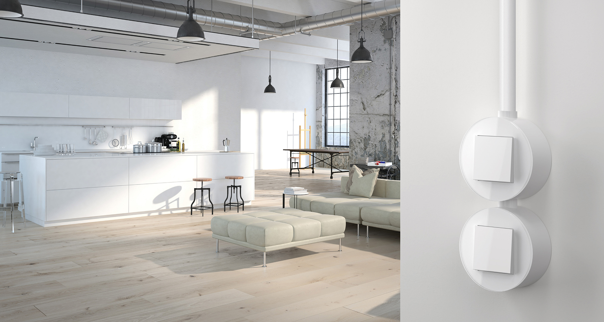 Gira Tastschalter Das Bild zeigt ein modernes, offenes Loft-Interieur mit einer minimalistischen weißen Küche. Im Vordergrund sind zwei Wipptaster in weißer Farbe an der Wand montiert. Die Wipptaster sind rund und haben ein schlichtes Design. Der Raum hinter den Tastern zeigt eine helle Küche mit einem weißen Küchenblock und Hockern aus Holz. Der Boden ist aus hellem Holz, und die Wände bestehen teilweise aus weißen, glatten Flächen sowie rohem Beton, was dem Raum eine industrielle Note verleiht. Es hängen mehrere schwarze Pendelleuchten von der Decke und der Raum ist lichtdurchflutet.