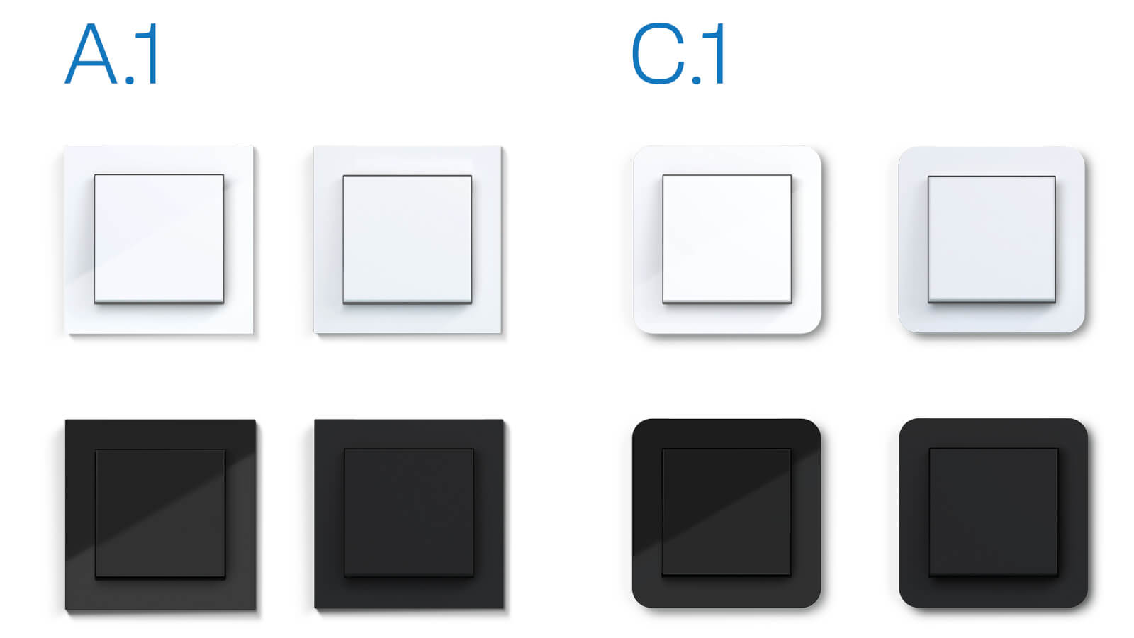 Das Bild zeigt Schalter der Designlinien A.1 und C.1 in schwarz und weiß sowie matt und glänzend nebeneinander. 