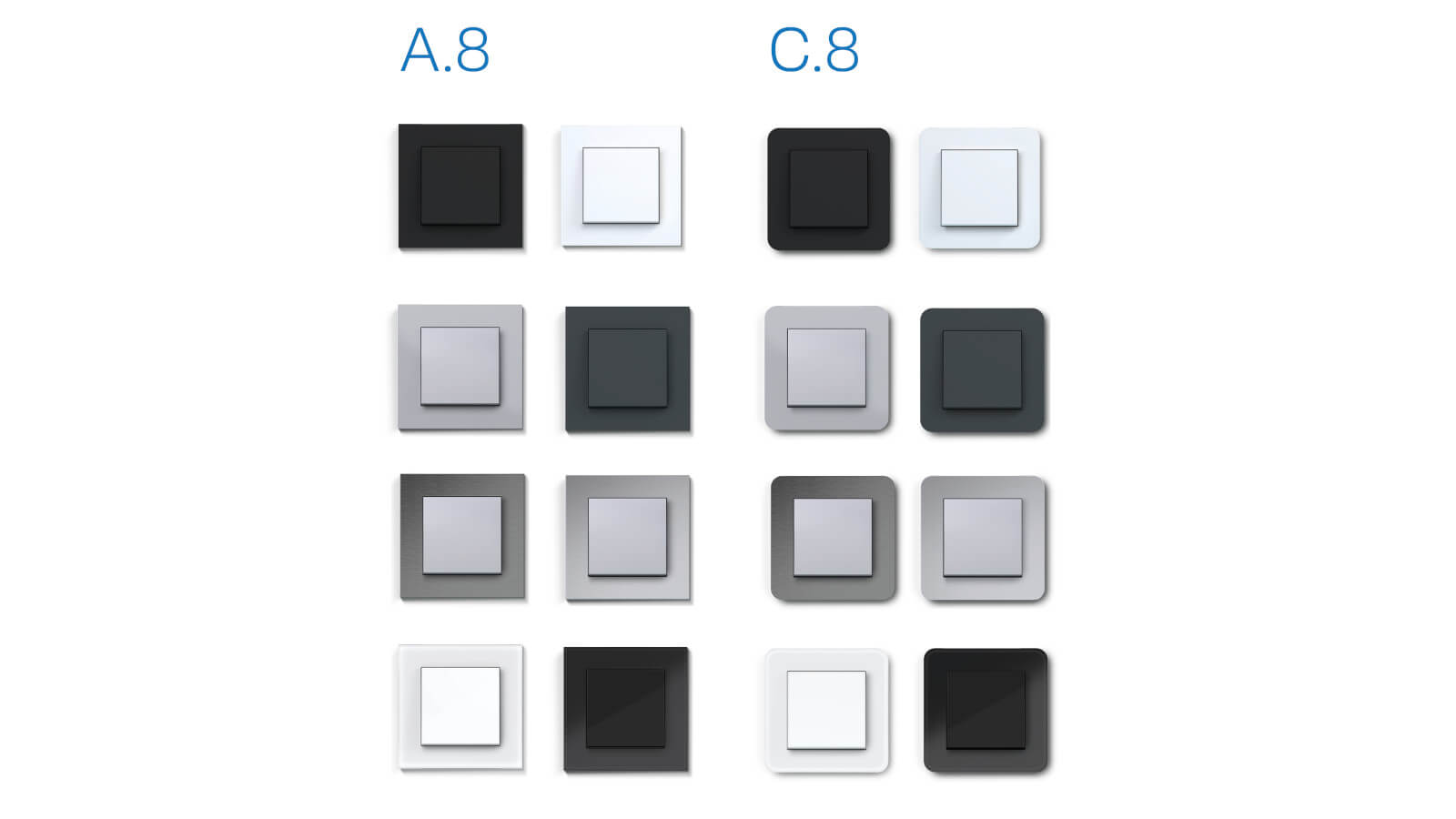Abbildung von Schaltern der Designlinien A.8 und C.8 in den Farben weiß, schwarz, anthrazit und titan sowie in den Mate­ria­lien Alumi­nium gebürstet, Edel­stahl gebürstet, Glas weiß matt und Glas schwarz glän­zend