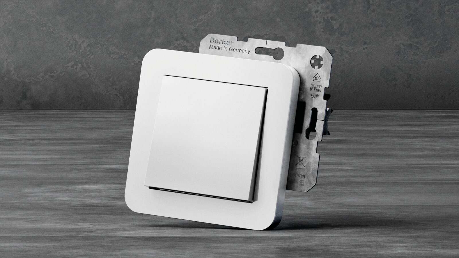 Das Bild zeigt einen modernen, weißen Lichtschalter mit Metallrahmen auf einem grauen Hintergrund.