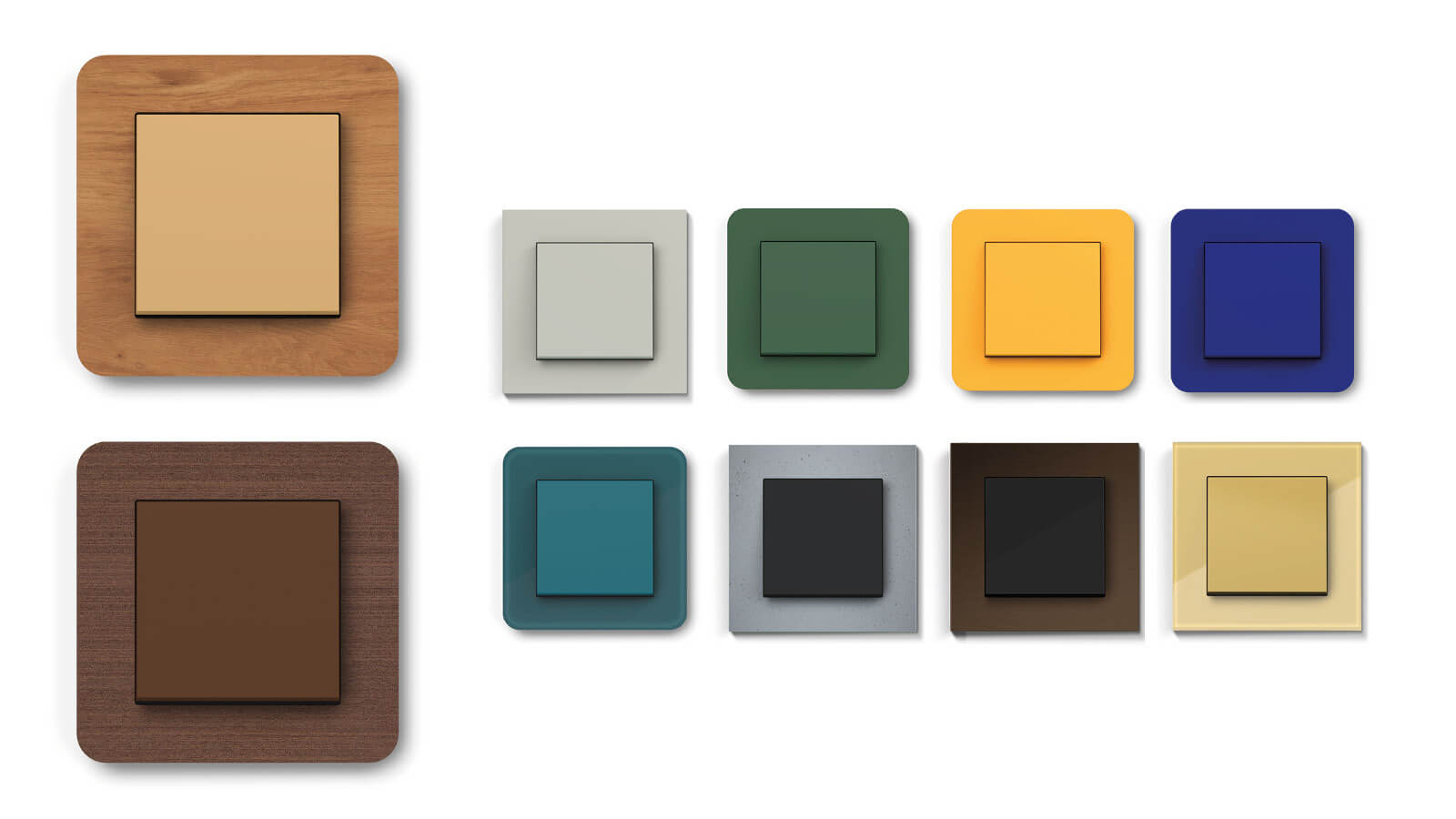 Das Bild zeigt verschiedene Lichtschalter in unterschiedlichen Farben und Materialien, darunter Holz-, Metall- und Kunststoffoptiken.