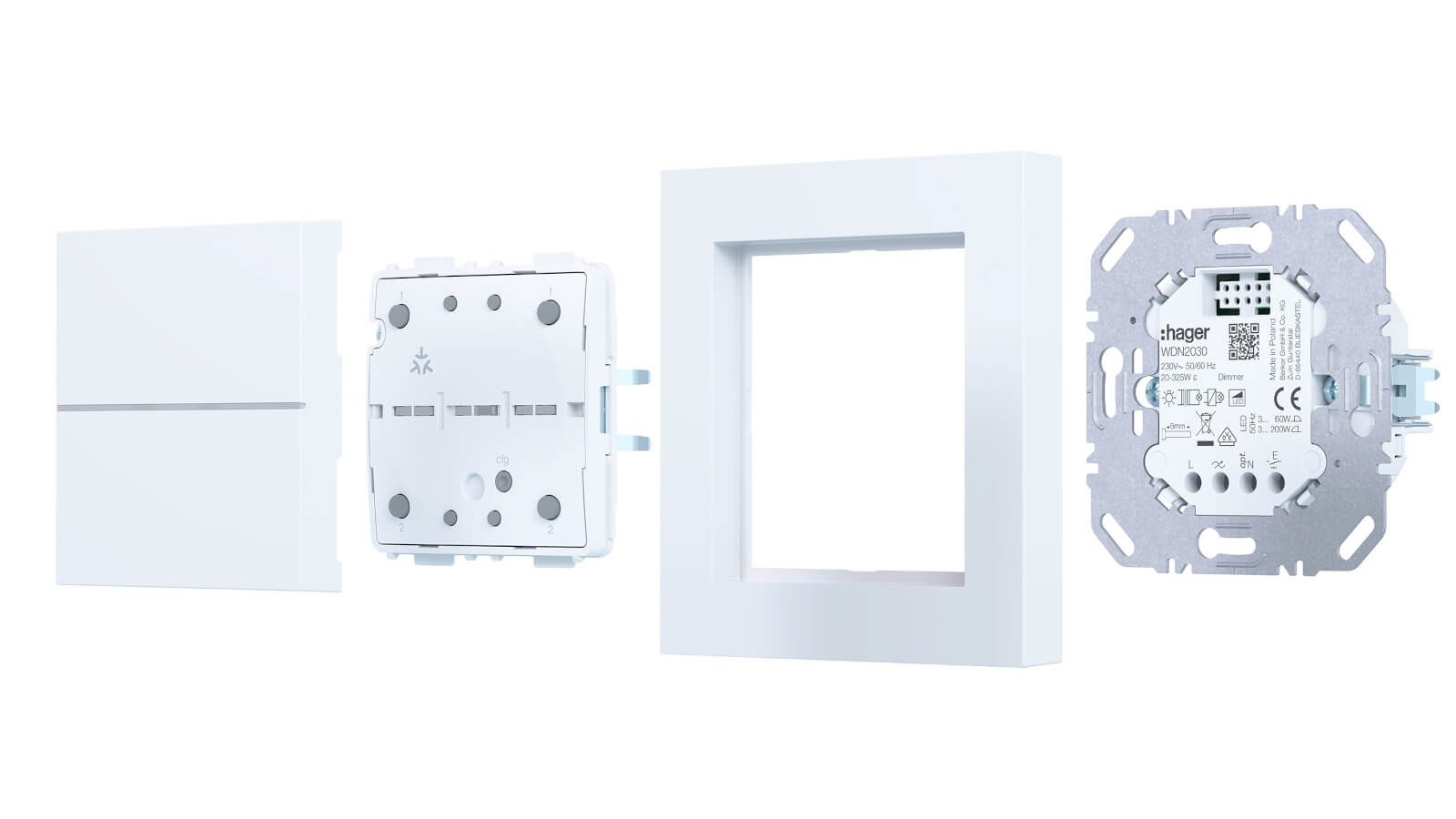 Das Bild zeigt einen Lichtschalter in Einzelteilen: Abdeckung, Einsatz, Rahmen und Unterputzmodul sind nebeneinander angeordnet.