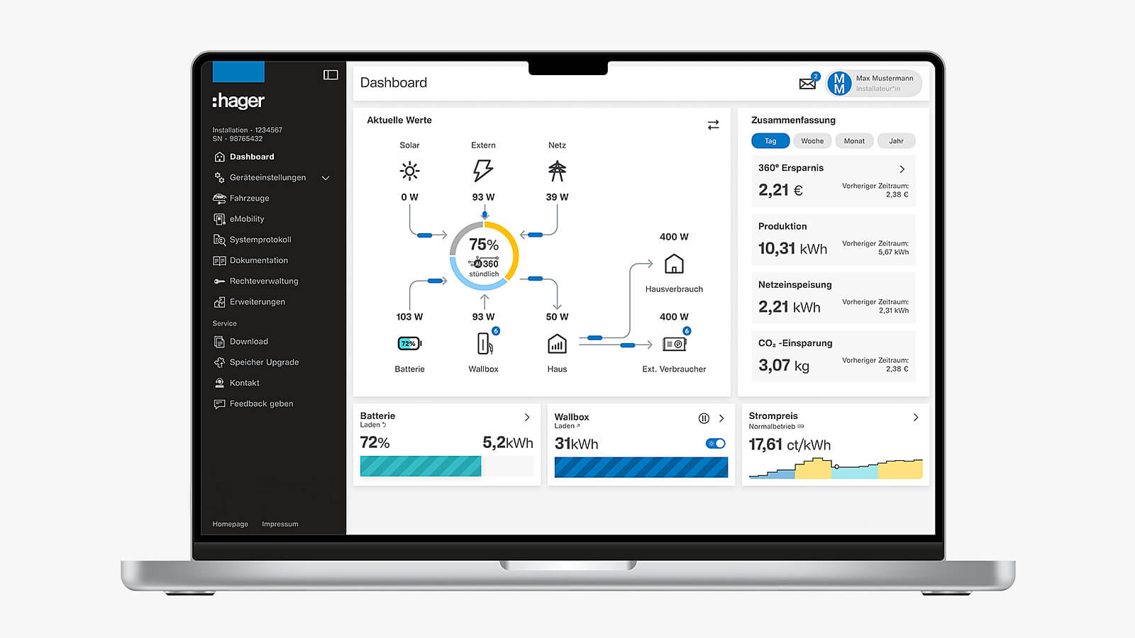 Das Bild zeigt das Dashboard eines Energiemanagement-Systems auf einem Laptop. Zu sehen sind aktuelle Energieflüsse, Verbrauchsdaten, Ladezustand der Batterie, Wallbox-Status und eine Zusammenfassung von Ersparnis, Produktion und CO₂-Einsparung.