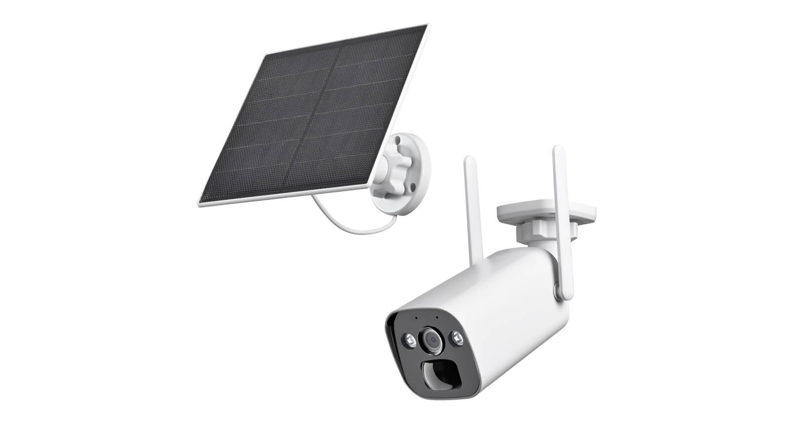 Kabellose Überwachungskamera mit Solarpanel zur autarken Stromversorgung im Außenbereich.