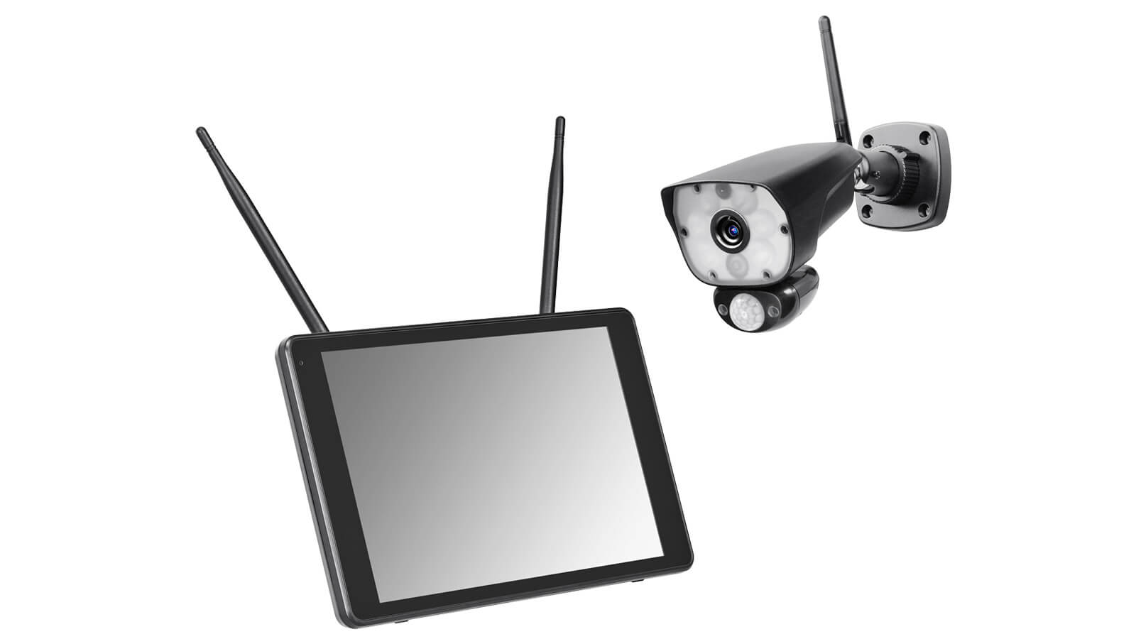 Plug & Play Videoüberwachung mit der Funk-Überwachungskamera DW800 von INDEXA Das Bild zeigt eine schwarze Überwachungskamera mit Funkantenne und ein passendes Display zur drahtlosen Bildübertragung.