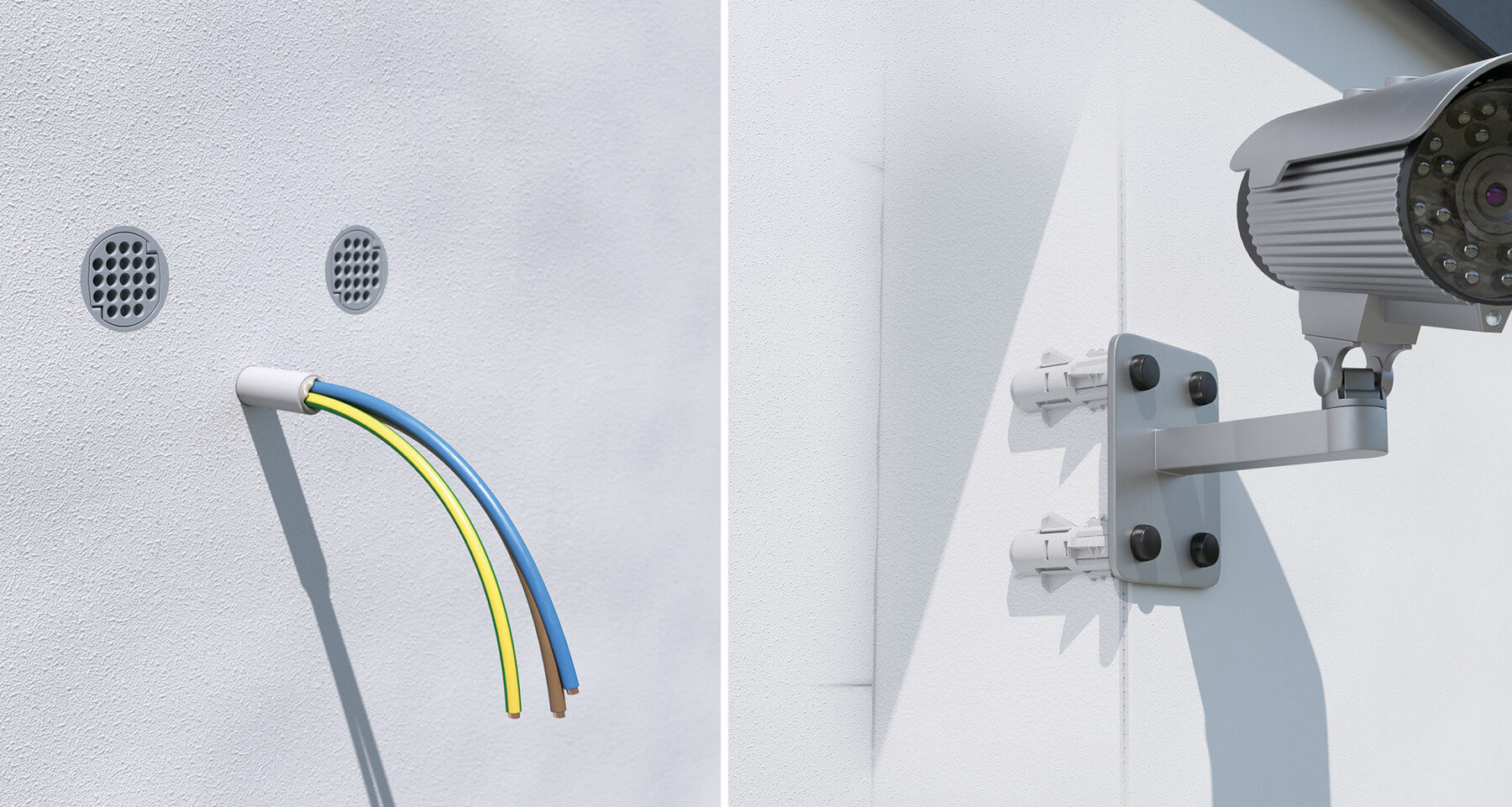 Das Bild zeigt zwei Ansichten einer weißen Außenwand. Links sind zwei runde Öffnungen mit Gitterabdeckung und ein aus der Wand kommendes Leerrohr mit drei farbigen elektrischen Leitungen zu sehen. Rechts ist eine Überwachungskamera an der Wand montiert, die mit Hilfe von vier Schrauben und Dübeln auf einem Träger befestigt ist. Die Wand hat eine fein strukturierte Oberfläche.