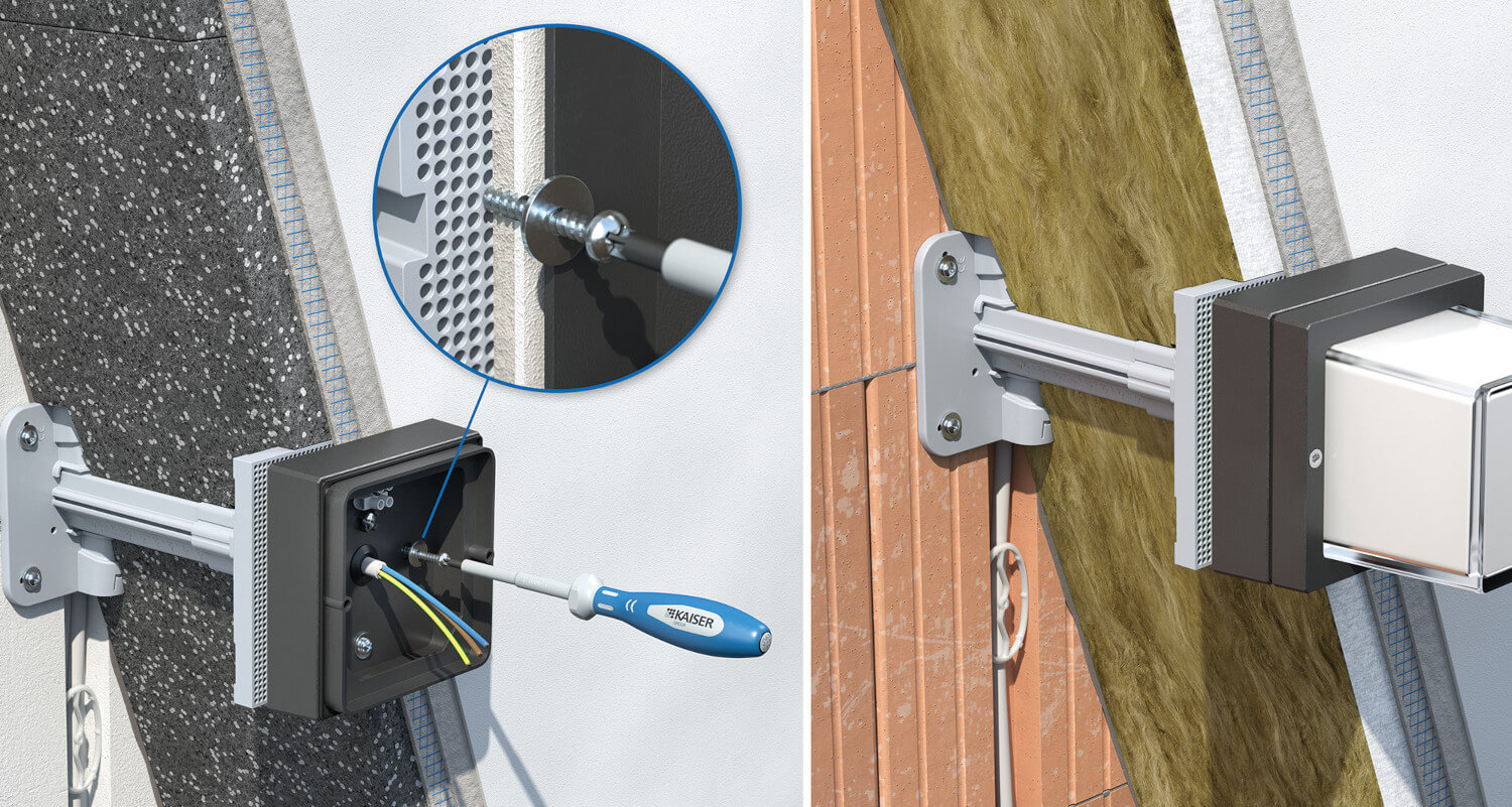 Das Bild zeigt zwei Querschnitte durch unterschiedlich gedämmte Außenwände mit montierten Teleskop-Geräteträgern. Links wird ein Geräteträger in eine Wand mit schwarzer Hartschaumdämmung eingebaut, wobei ein Schraubvorgang mit Schraubendreher und Detailvergrößerung dargestellt ist. Rechts ist ein ähnlicher Geräteträger in einer Wand mit gelber Mineralwolldämmung montiert, an dem ein Gehäuse befestigt ist. Beide Wandaufbauten bestehen aus Mauerwerk, Dämmung und Putz.