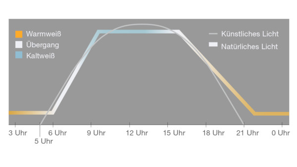 Tageslichtverlauf von natürlichem Licht und künstlichem Licht. Das Bild zeigt einen Tageslichtverlauf von natürlichem Licht und künstlichem Licht.