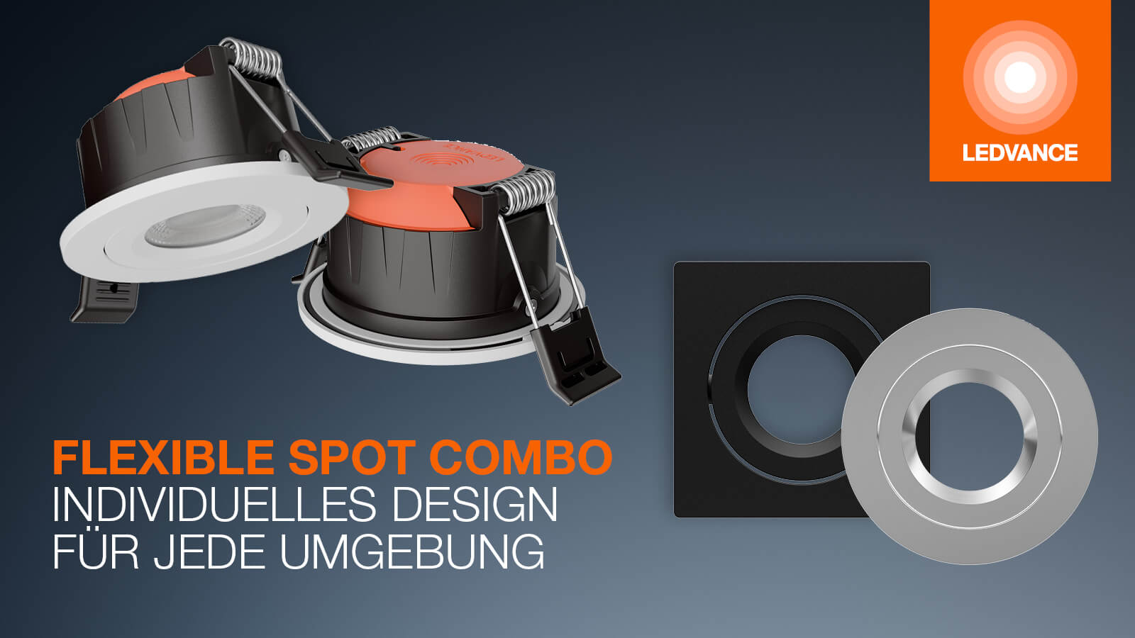 Zu sehen ist eine LEDVANCE-Grafik zum „Flexible Spot Combo“ mit zwei Einbauleuchten und wechselbaren Designringen. Links unten steht der Werbetext „Individuelles Design für jede Umgebung“.