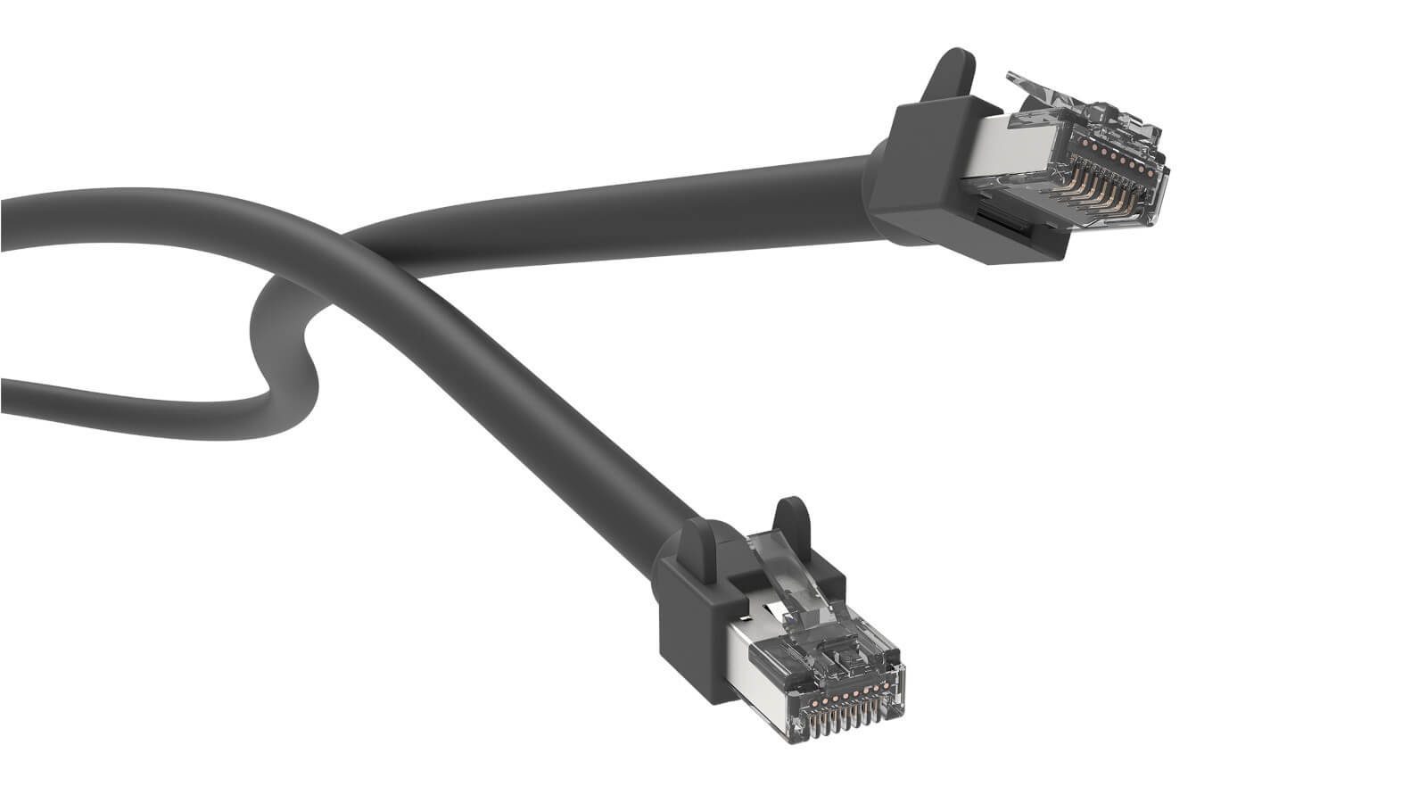 Netzwerkkabel mit zwei RJ45-Steckern vor hellem Hintergrund. Die transparenten Stecker zeigen die innenliegenden Kontakte.