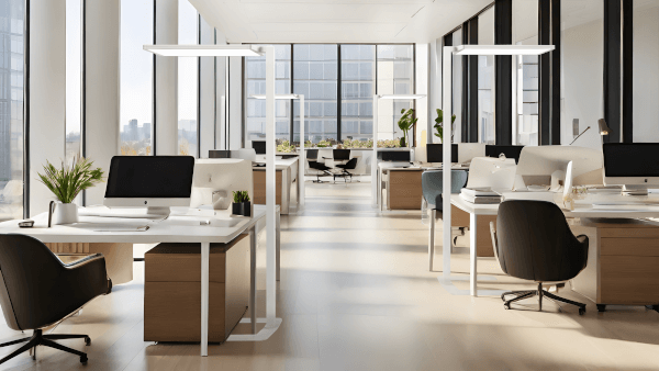 Das Bild zeigt ein modernes Büro mit mehreren Arbeitsplätzen. Die Schreibtische sind mit Computern ausgestattet, und große Fenster lassen viel Tageslicht herein.