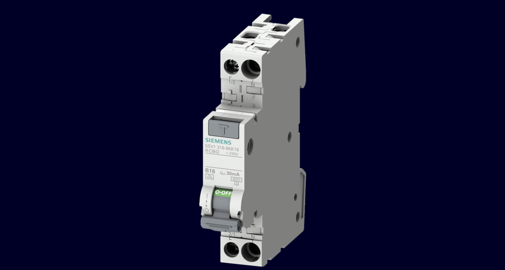 Mehr Sicherheit und Komfort für moderne Gebäudeinstallationen: FI/LS-Schalter 5SV1 in 1 TE Das Bild zeigt einen elektrischen Schutzschalter von Siemens. Das Gerät ist grau, hat vorne eine Beschriftung und einen grünen Schalter mit der Aufschrift „ON/OFF“. Es ist vor einem dunklen Hintergrund dargestellt.