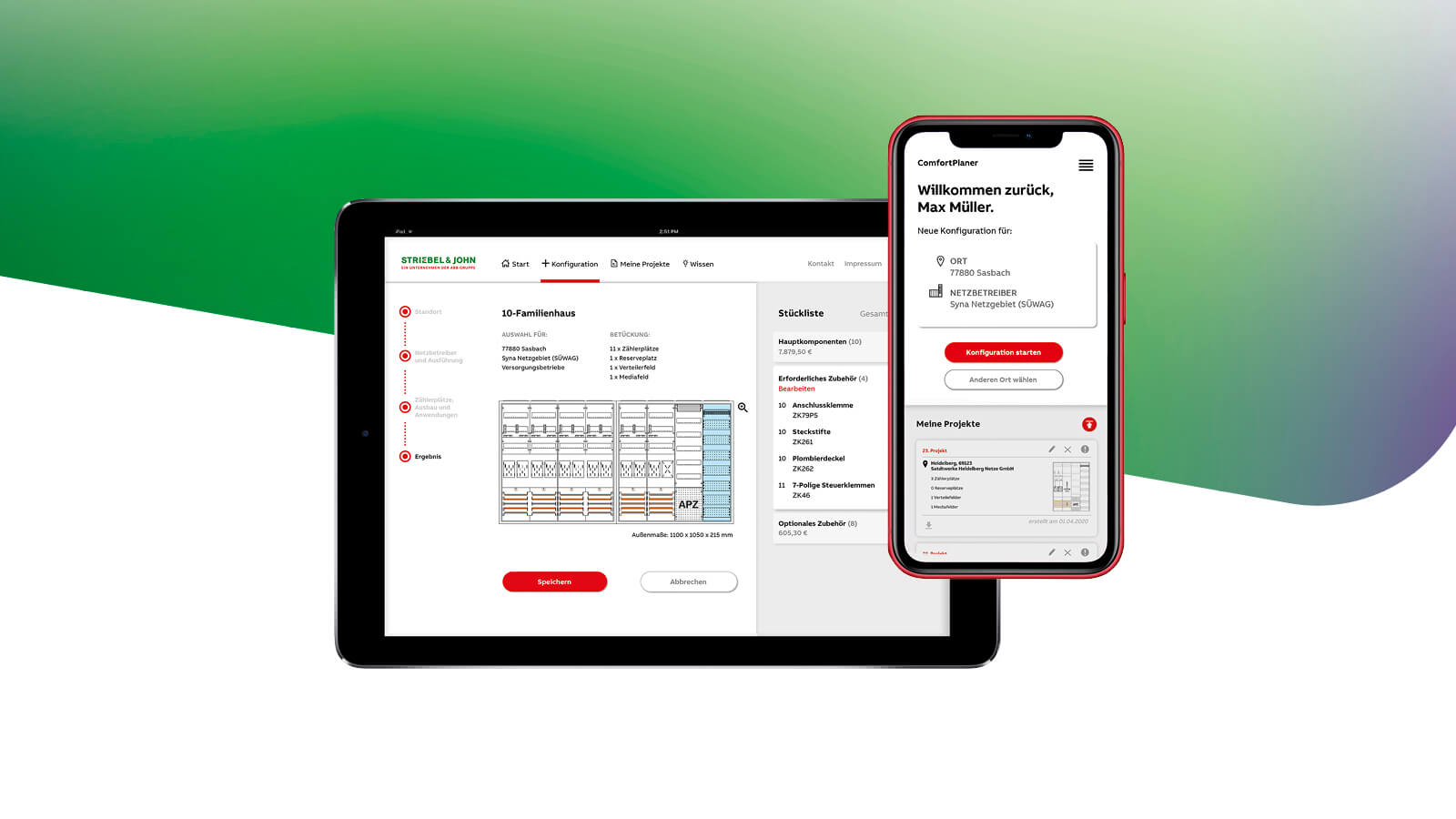 Tablet und Smartphone mit geöffneter Softwareoberfläche vor einem farbigen Hintergrund. Auf den Bildschirmen sind technische Zeichnungen, Listen und Eingabemasken dargestellt.