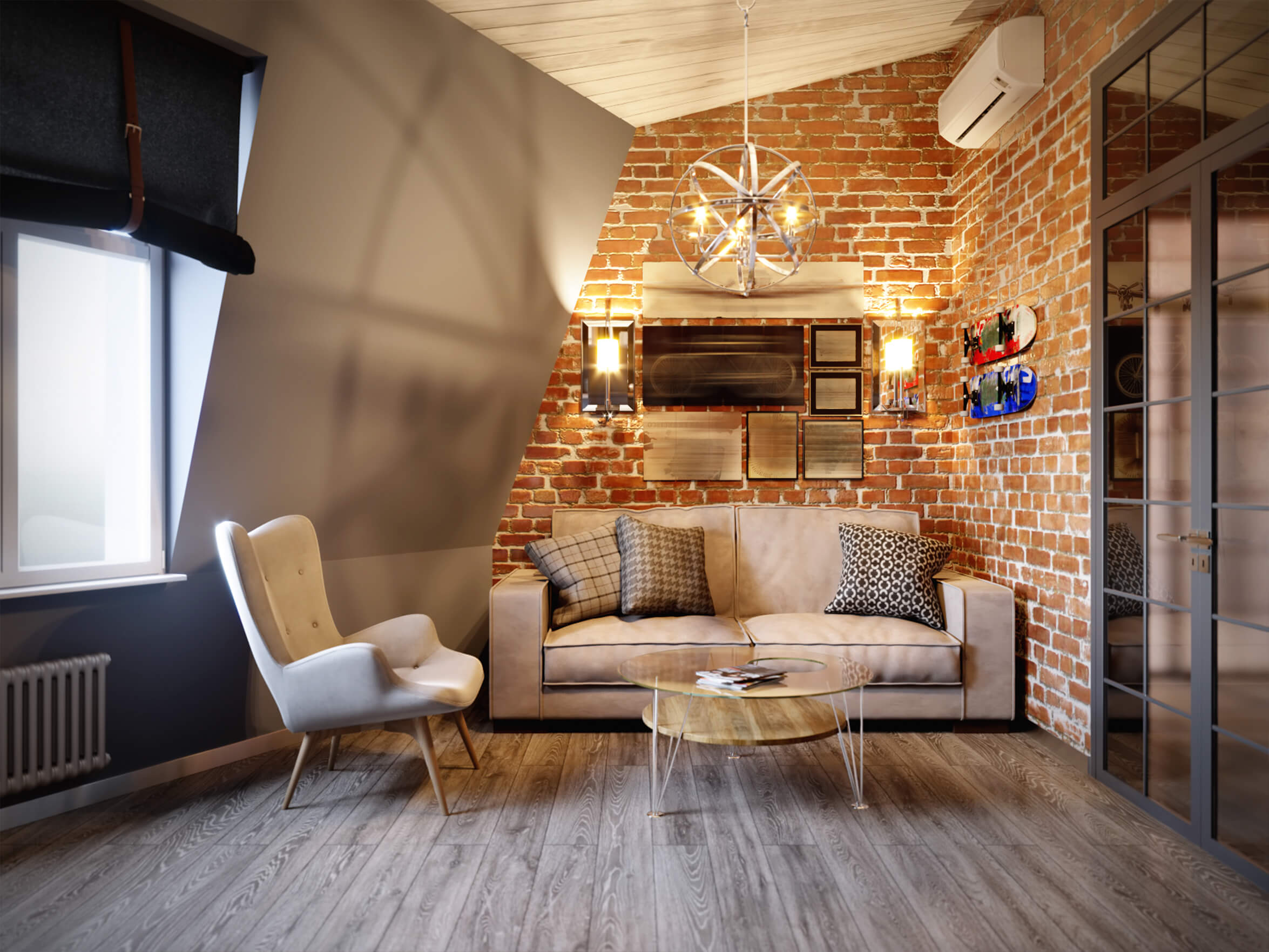 Das Bild zeigt ein gemütliches Wohnzimmer mit leichter Dachschräge und Mauerwerk.