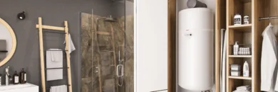 Warmwasserwärmepumpe in einem Badezimmer.