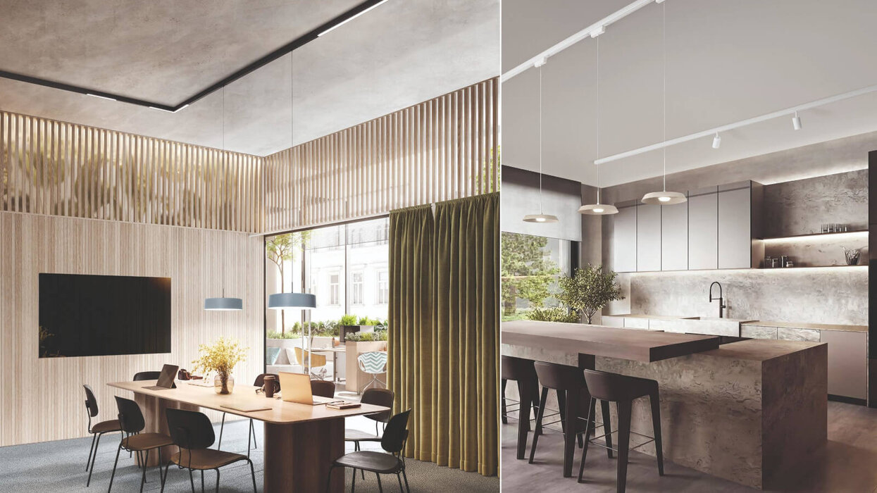 FABAS LUCE ERMES 48V - Schienensystem Links ein heller Besprechungsraum mit Holztisch, schwarzen Stühlen, blauen Leuchten und vertikalen Holzlamellen. Rechts eine Küche mit massiver Steininsel, hölzerner Arbeitsfläche und schlichten Pendelleuchten. Beide Räume kombinieren Beton- und Holzelemente mit klarer Linienführung.