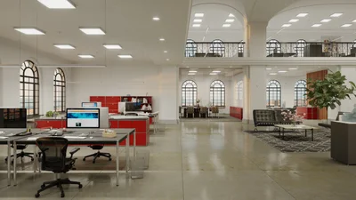Modernes und weitläufiges Büro mit Deckenstrahern, Schreibtischen und Stühlen.