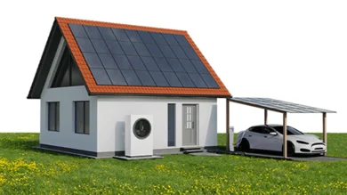 Das Bild zeigt die Grafik eines Hauses mit Photovoltaikanlage und Wärmepumpe. Daneben steht ein Carport mit Auto und Ladestation.