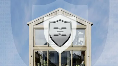 Grafische Darstellung eines Einfamilienhaus. Darüber gelegt ein Sicherheitsymbol.