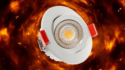 Das Bild zeigt das Downlight HEATspin von Dotlux vor einem Glut ähnlichen Hintergrund