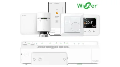 Abbildung des smarten Wiser Heizkörperthermostates und zusätzlicher Geräte zur intelligenten Heizungsregelung.
