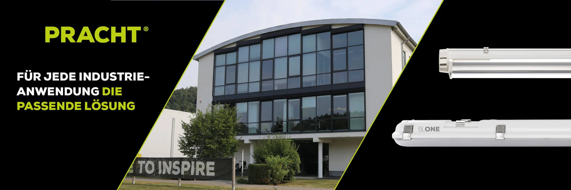 Fotomontage 3 Bilder, Infotext zu Pracht, Firmengebäude Pracht, Leuchten von pracht.