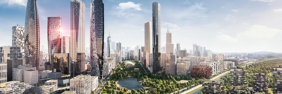 Das Bild zeigt eine Stadtansicht mit vielen modernen Hochhäusern.