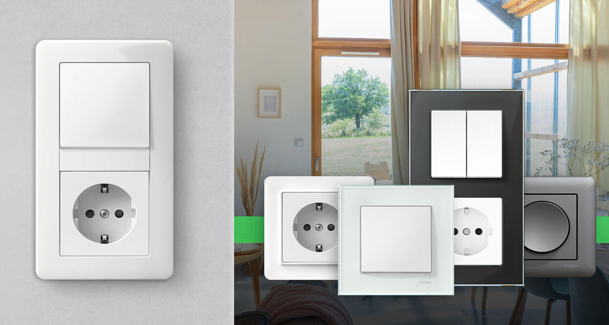 Das Bild zeigt verschiedene moderne Schalter- und Steckdosenprogramme in unterschiedlichen Farben und Rahmen vor einem hellen Wohnraum als Hintergrund