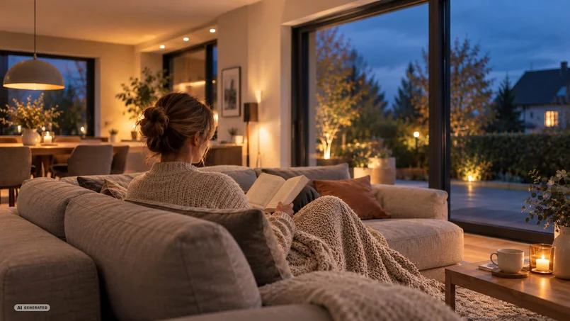 Eine Person sitzt auf einem Sofa und hält ein aufgeschlagenes Buch. Der Wohnraum ist mit Sofas, Esstisch, Leuchten und großen Fensterflächen ausgestattet, durch die ein Gartenbereich zu sehen ist.