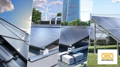 Zusammenstellung von Bildern verschiedener Befestigungen von Solarpanels. Im rechten unteren Bildbereich steht das Logo des Herstellers OBO Bettermann.