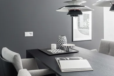 Steckdose mit USB-Anschlüssen in der Farbe Weiß des Herstellers Jung an der dunkelgrauen Wand montiert. Davor ein Tisch mit Vasen.