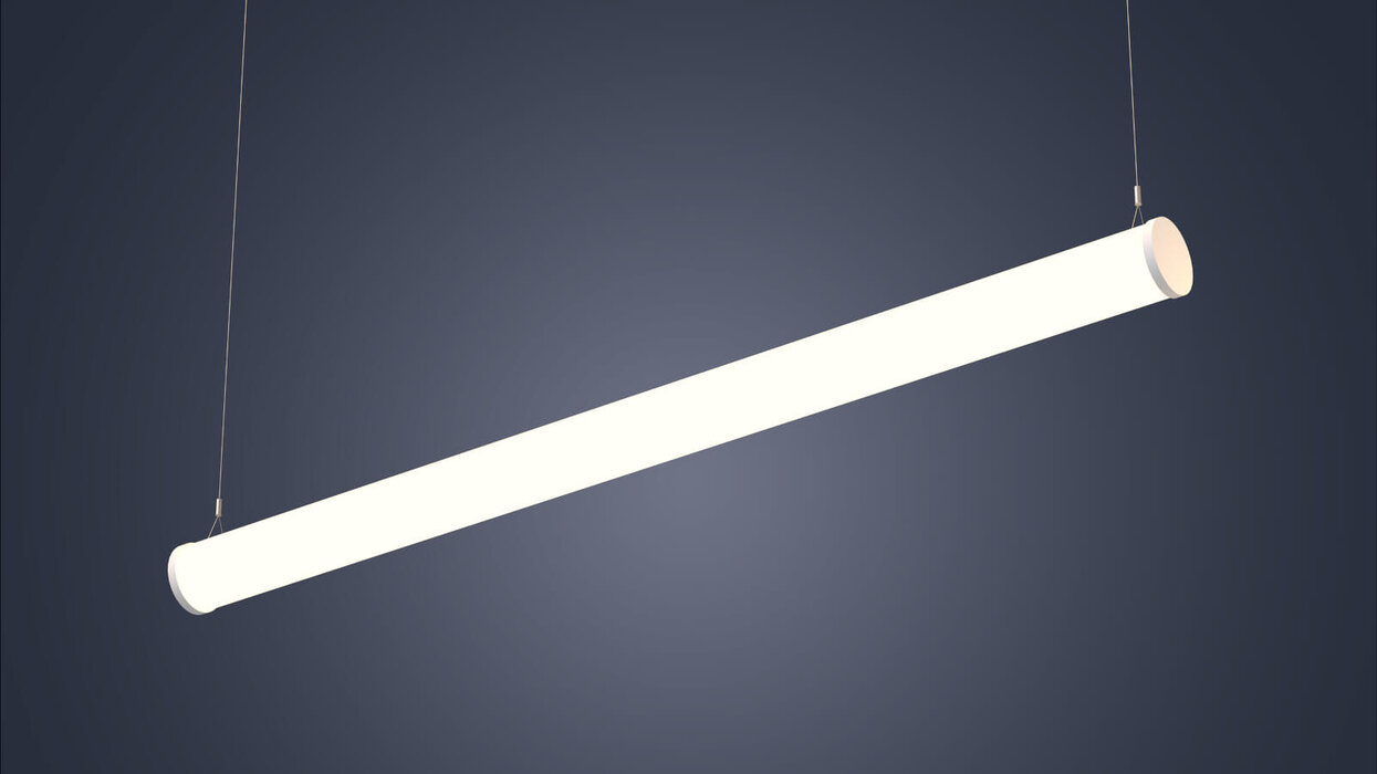 Längliche LED-Hängeleuchte des Herstellers Ridi vor schwarzem Hintergrund.