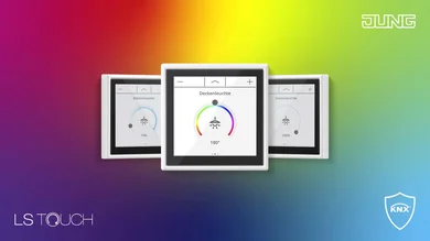 KNX-Touchdisplay zur intuitiven Steuerung von Beleuchtung und Smart-Home-Funktionen. Die Darstellung zeigt verschiedene Bedienansichten zur Anpassung von Helligkeit und Lichtfarbe.