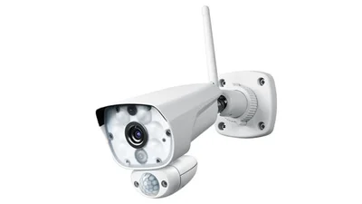 Das Bild zeigt eine moderne Überwachungskamera mit Funkantenne und integriertem Bewegungsmelder für den Außenbereich.