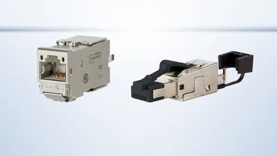 2 verschiedene Stecker und Buchsen für die Kuperverkabelung vor hellem Hintergrund.