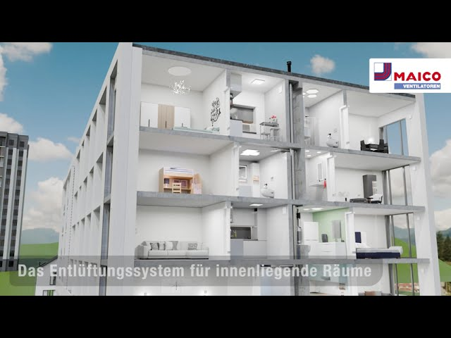 Querschnitte eines modernen Mehrfamilienhauses mit zentral verlaufendem Lüftungsschacht