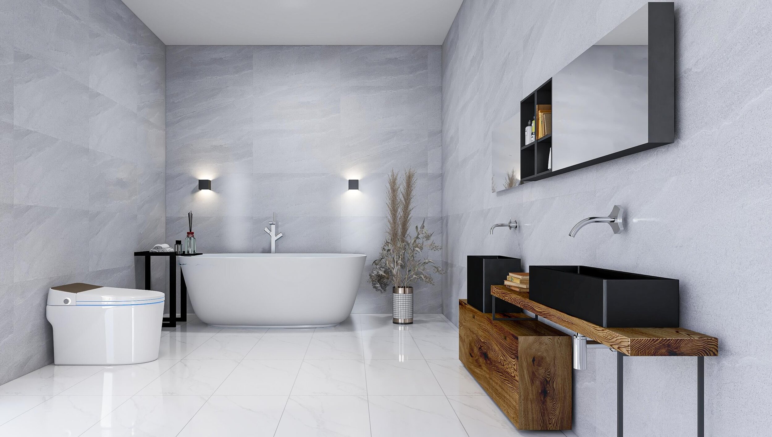 Das Bild zeigt ein modernes renoviertes Bad vorwiegend mit weißen Badmöbeln und Sanitäranlagen.