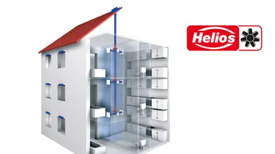 Das Bild veranschaulicht den Luftstrom eines zentralen Abluftsystems in einem Mehrfamilienhaus. In der rechten oberen Bild-Ecke ist das Logo des Herstellers Helios abgebildet.